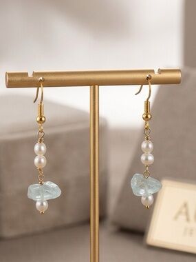Dainty  Gold Aquamarine & Pearl Dangle Earrings